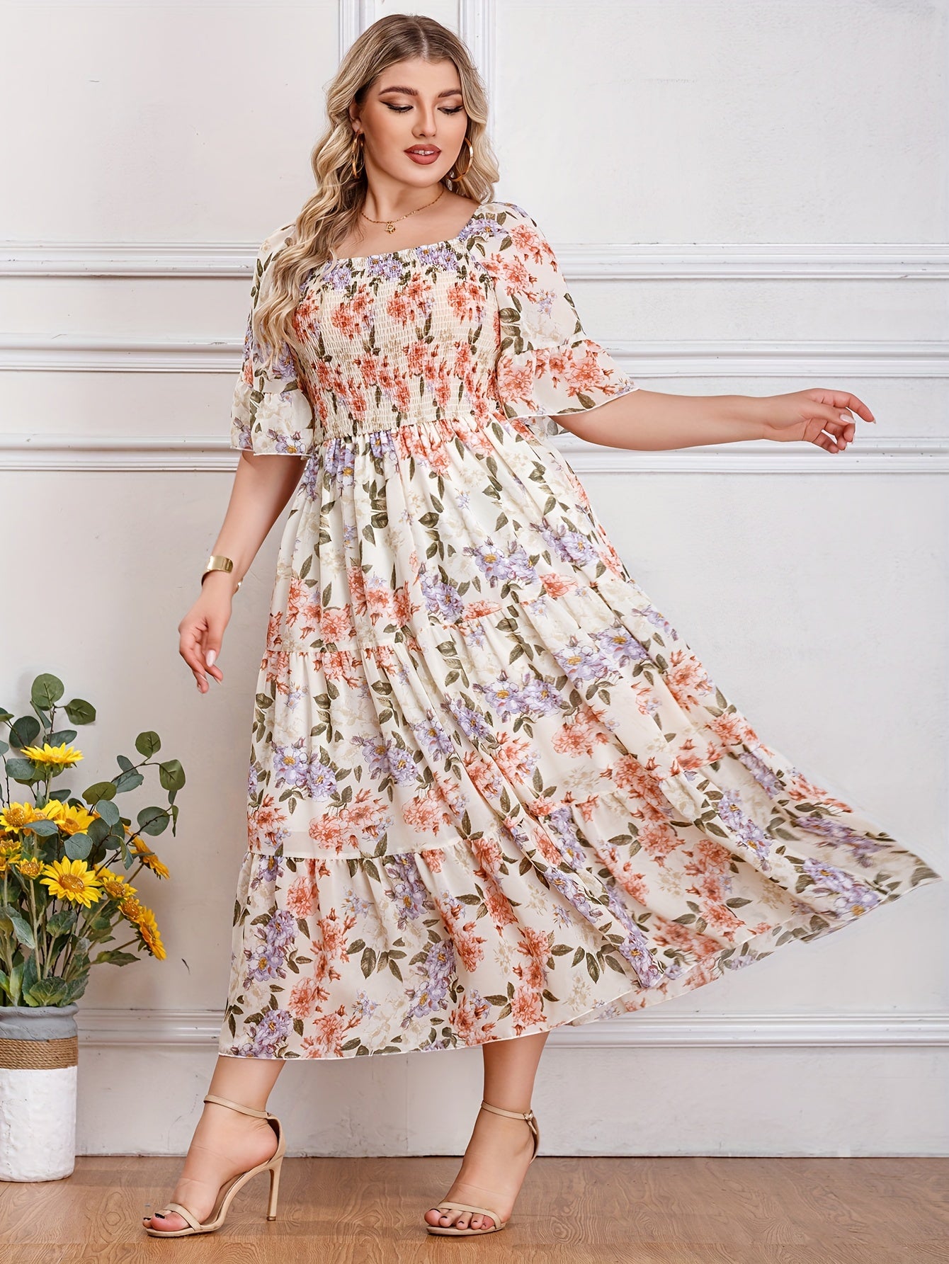 Plus Size Romantic Dress, Women's Plus Floral Print Shirred Butterfly Sleeve Square Neck Smock Maxi Dress