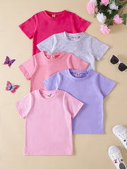 5-Piece Girls’ Vibrant Solid Color T-shirt Set - Comfortable Cotton Blend, Perfect for Summer & Outdoor Playtime