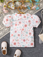 Young Girls Ditsy Floral Doll Collar Puff Short Sleeve Shirt Cute Blouse For Spring Summer