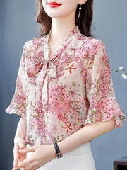 Floral Print Tie Neck Blouse, Elegant Flare Sleeve Blouse For Spring & Fall, Women's Clothing