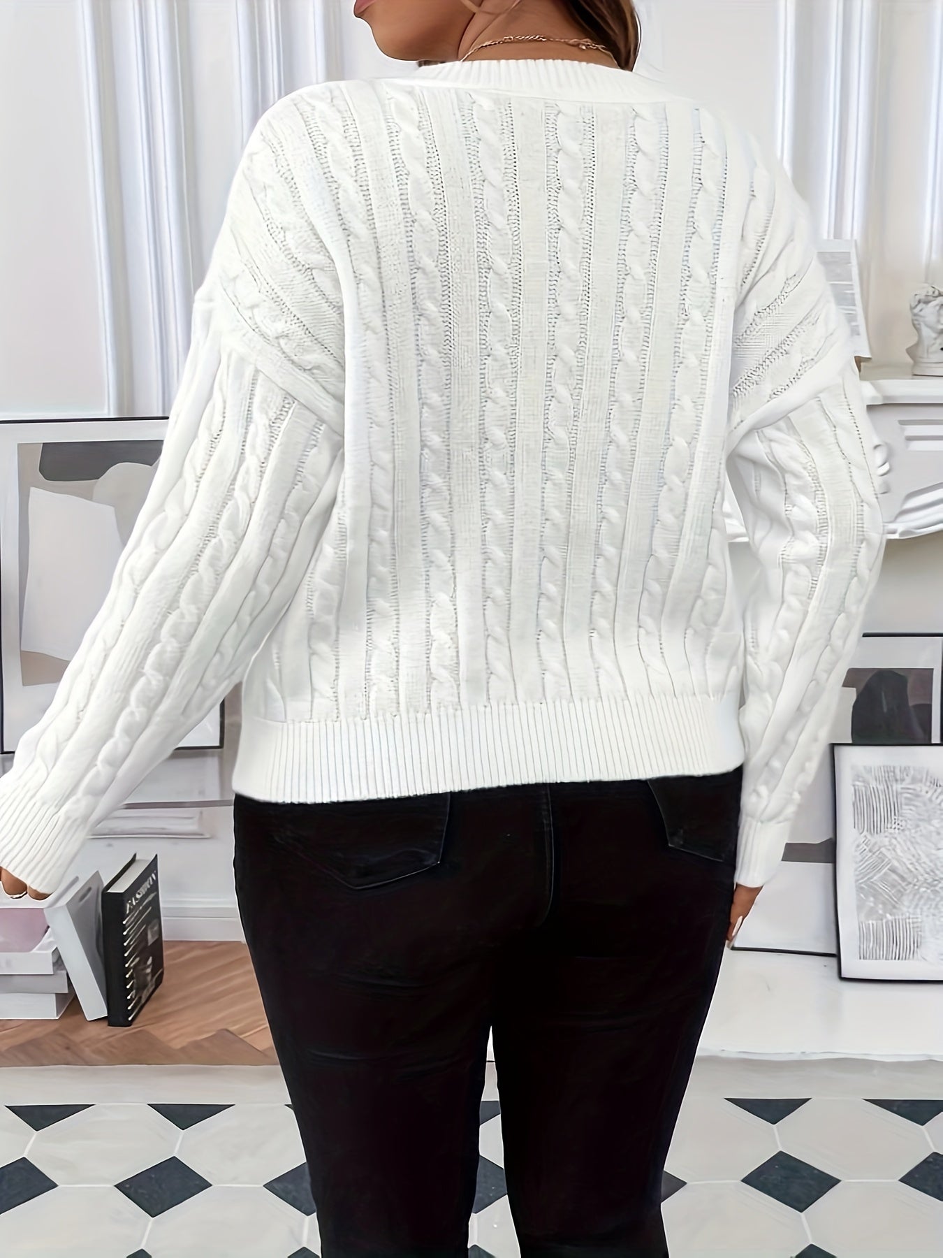 Plus Size Solid Color Cable Knitted Sweater, Elegant V Neck Long Sleeve Pullover Sweater For Fall & Winter, Women's Plus Size Clothing