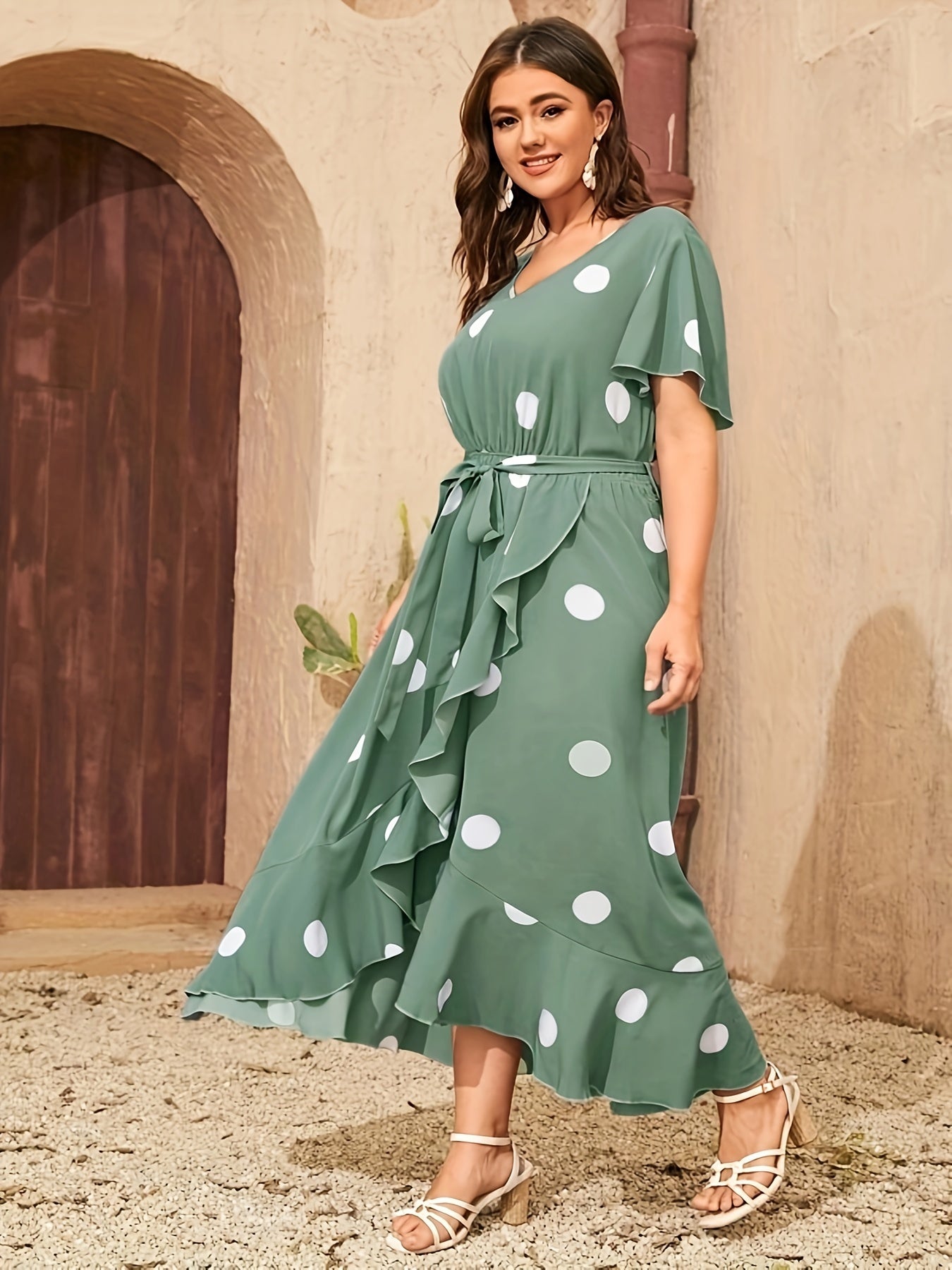 Plus Size Polka Dot Print Dress - Relaxed Fit with Flattering V-Neckline, Short Sleeves, and Adjustable Belt - Designed for Plus Size Women, Part of Our Womens Clothing Collection