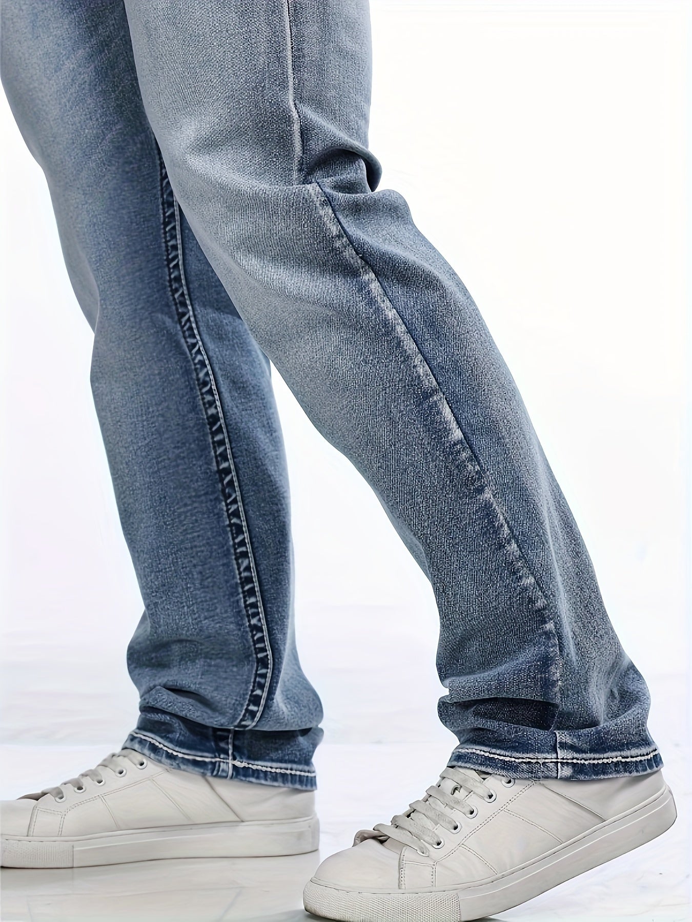 Men's Classic Stretch Denim Jeans With Embroidered Design, Regular Fit Four-Season Wear With Pockets, Suitable For Adults