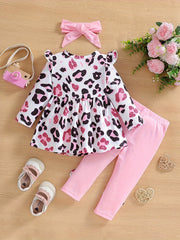 Fall/Winter Chic: Baby Girls' Leopard Print 3-Piece Outfit - Knit Flying Sleeve Top, Bow Pants & Headband, Easy Care