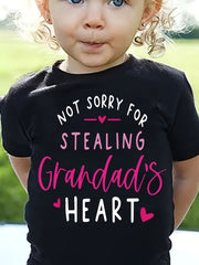 "NOT SORRY FOR STEALING GRANDAD'S HEART" Letter Print, Girls' Comfy Crew Neck Short Sleeve T-shirt, Suitable For Summer Daily Wear