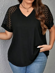 Plus Size Elegant V Neck Short Sleeve T-Shirt - Contrast Lace Stitching, Medium Stretch Polyester Fabric, Solid Color, No Printing - Perfect for Spring/Summer Casual Wear