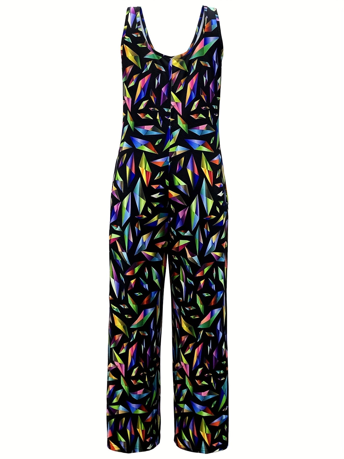 Plus Size Geo Print Jumpsuit, Casual Sleeveless Jumpsuit With Pockets For Spring & Summer, Women's Plus Size Clothing