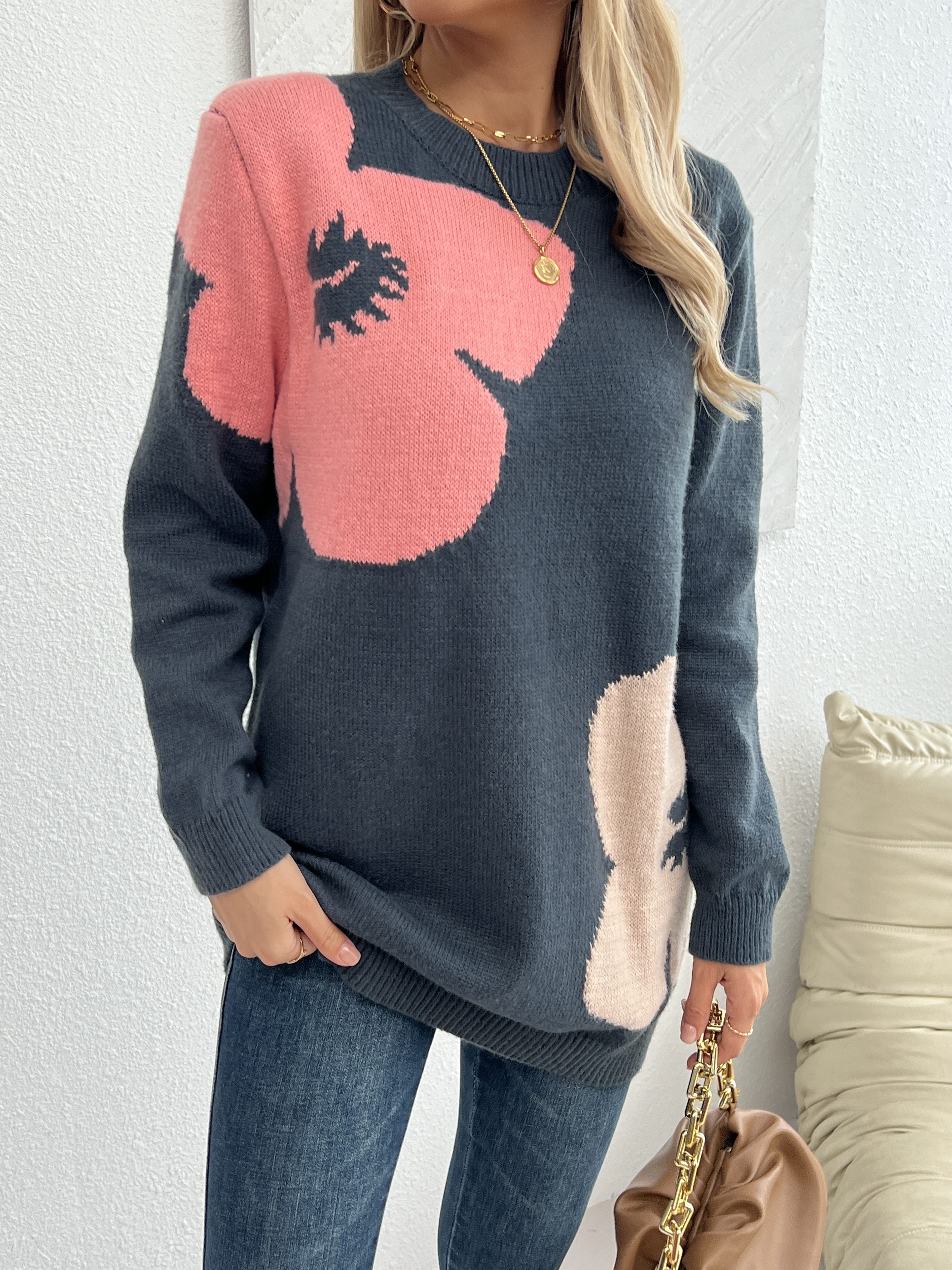 Floral Pattern Loose Fit Sweater, Stylish Crew Neck Long Sleeve Pullover Sweater For Winter & Fall, Women's Clothing