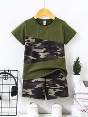 2pcs Boys Casual Camouflage Stitching Short Sleeve T-shirt & Shorts Set, Comfy Summer Boys Clothes