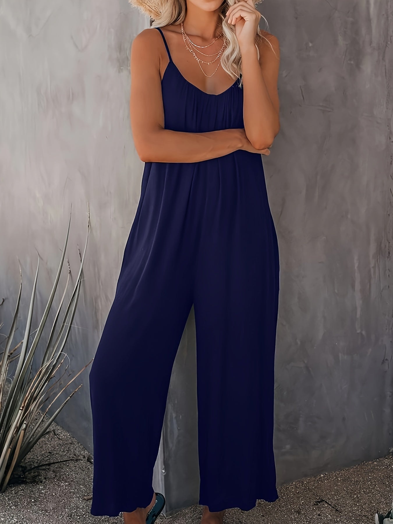 Plus Size Solid Color Cami Jumpsuit, Simple Casual Sleeveless Jumpsuit For Summer, Women's Plus Size Clothing