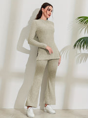 Ribbed Matching Two-piece Set, Casual Long Sleeve T-shirt & Pants Outfits, Women's Clothing