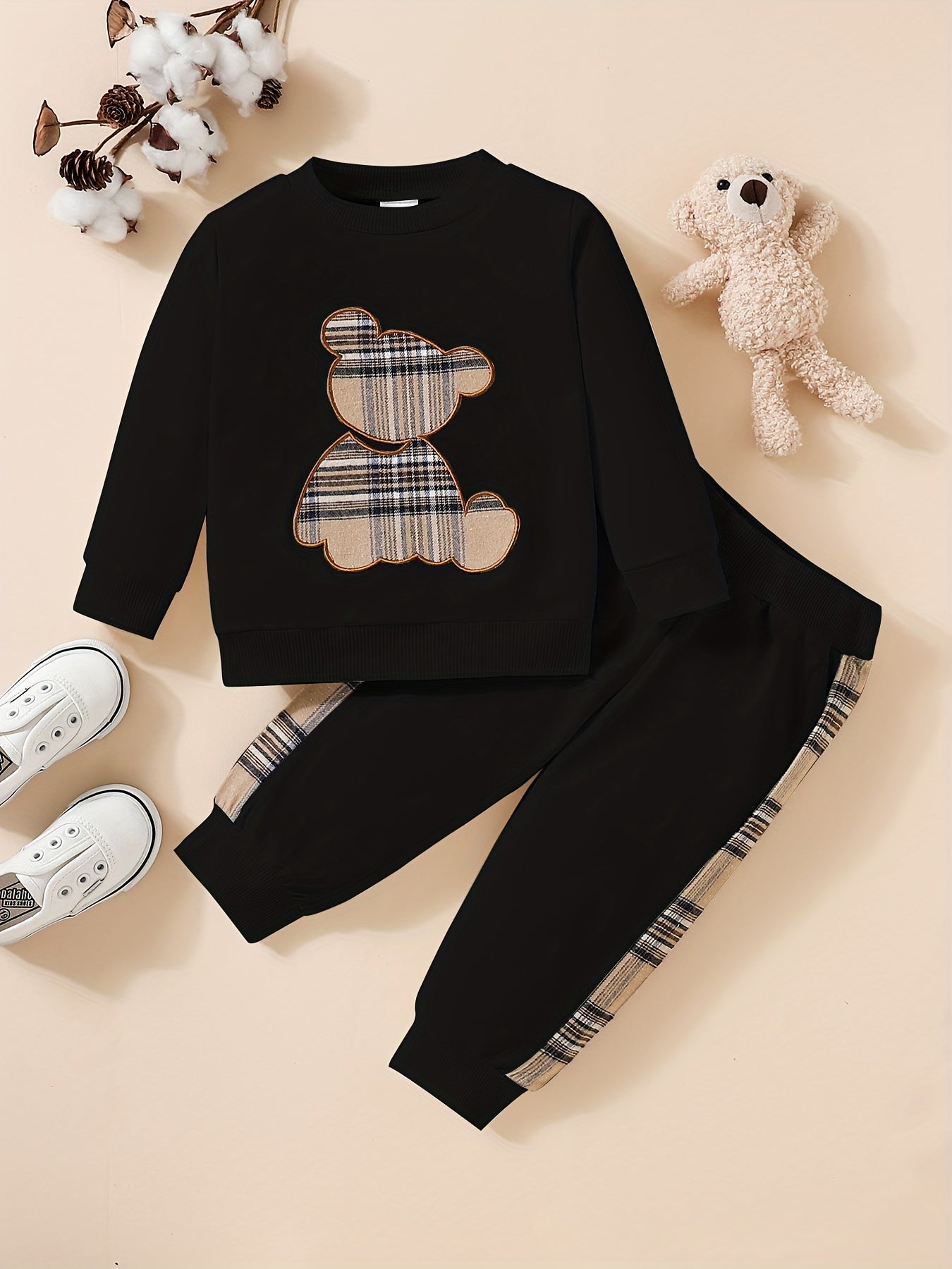 Adorable 2pcs Outfit For Toddler Girls & Boys - Bear Embroidery Sweatshirt & Splicing Pants!