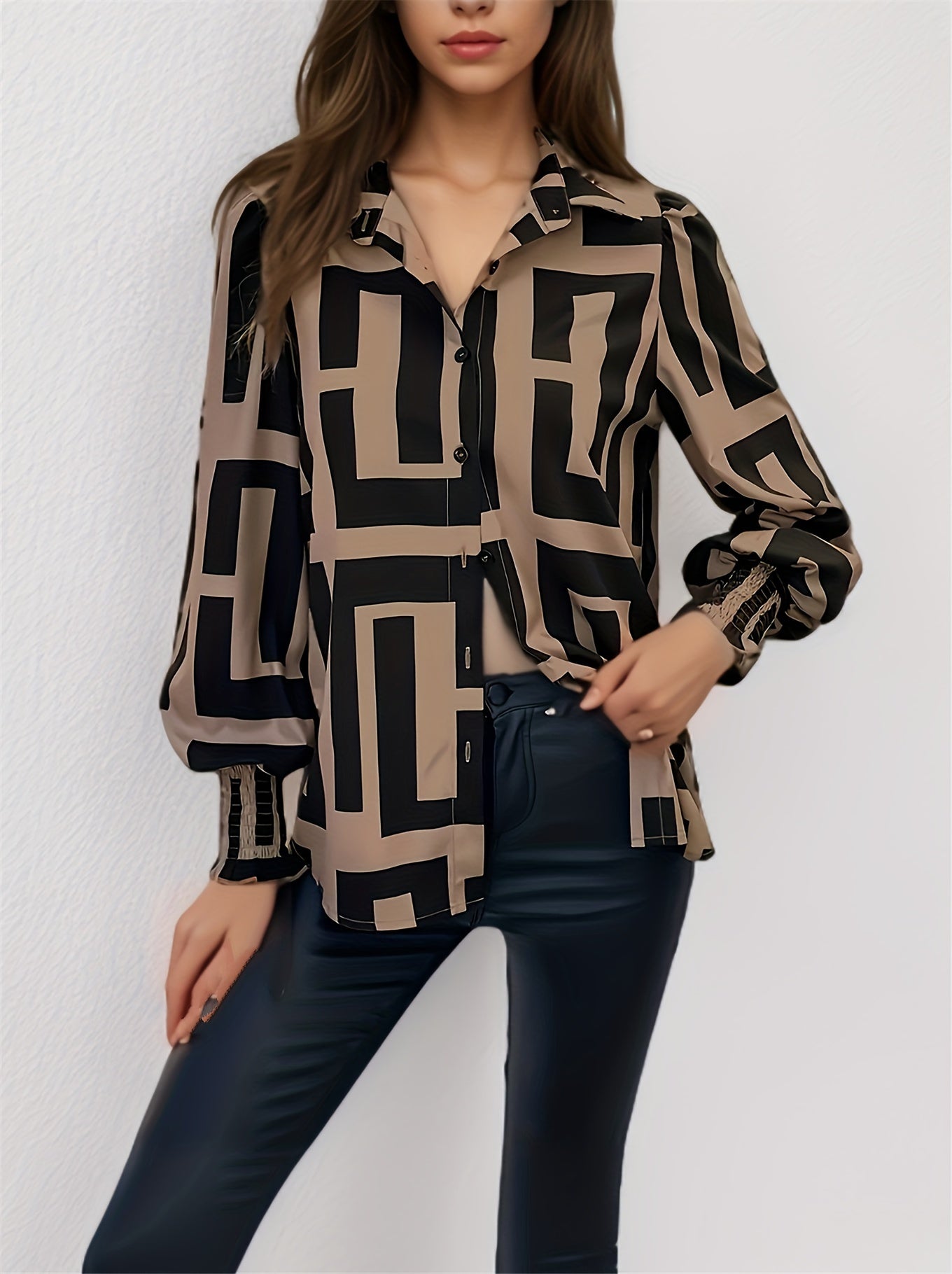 Geo Print Button Front Shirt, Elegant Long Sleeve Lapel Collar Shirt, Women's Clothing