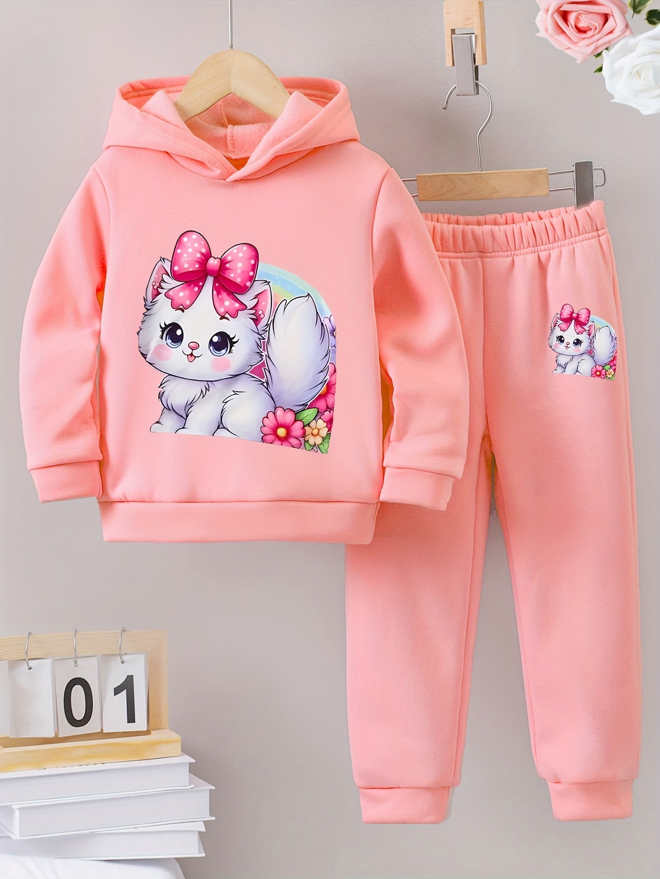 Girl's Winter Hoodie and Leggings Set: Soft Fleece, Pink Bow, and Cute Kitty Design