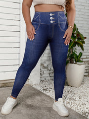 Plus Size Imitation Denim Print Pants, Casual Comfortable High Waisted Long Pants, Women's Plus Size Clothing