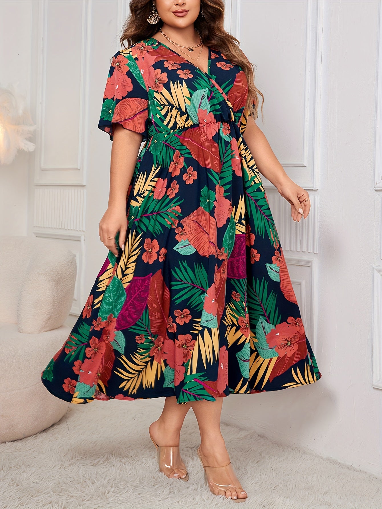 Plus Size Tropical Paradise Dress - Flattering Cinched Waist, Flutter Sleeves, Surplice Neckline - Stylish Midi Vacation Dress for Spring & Summer - Designed for Womens Plus Sizes