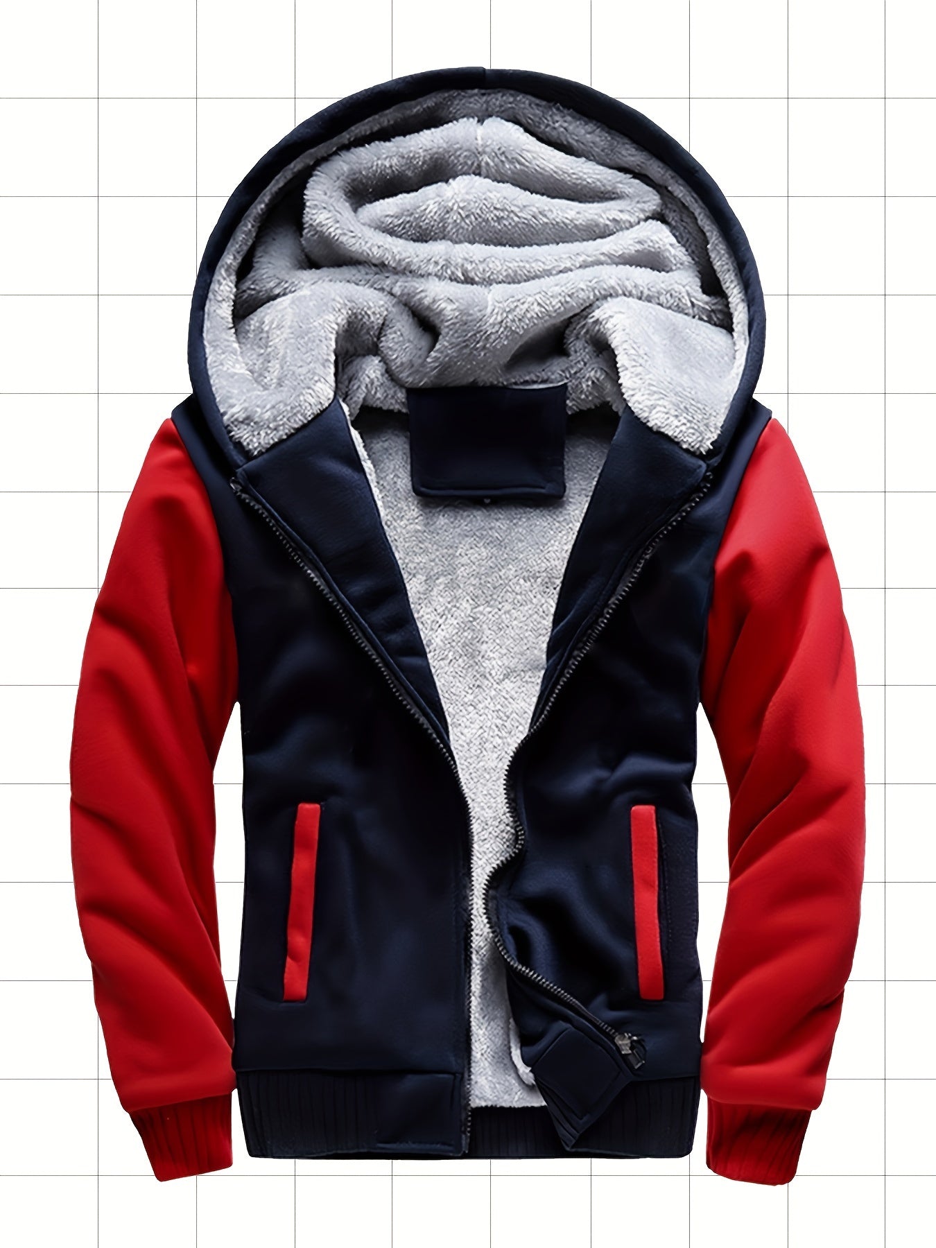 Men's Winter Fashion Classic Style Contrast Color Hooded Zip Up Long Sleeve Fleece Jacket With Pockets, Warm And Comfy Jacket For Daily Outerwear