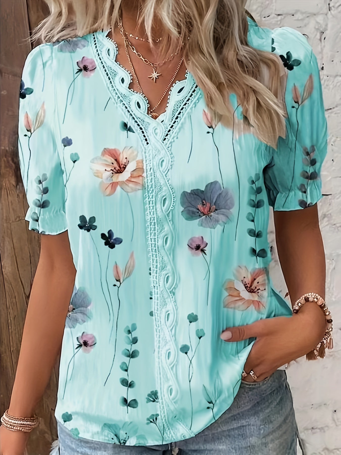 Floral Print V Neck Lace Trim Blouse, Boho Puff Sleeve Blouse For Summer, Women's Clothing