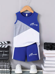 2pcs Boys Colorblock Sleeveless Tank Tops&Shorts Set, Casual Vest&Shorts, Boys Clothing