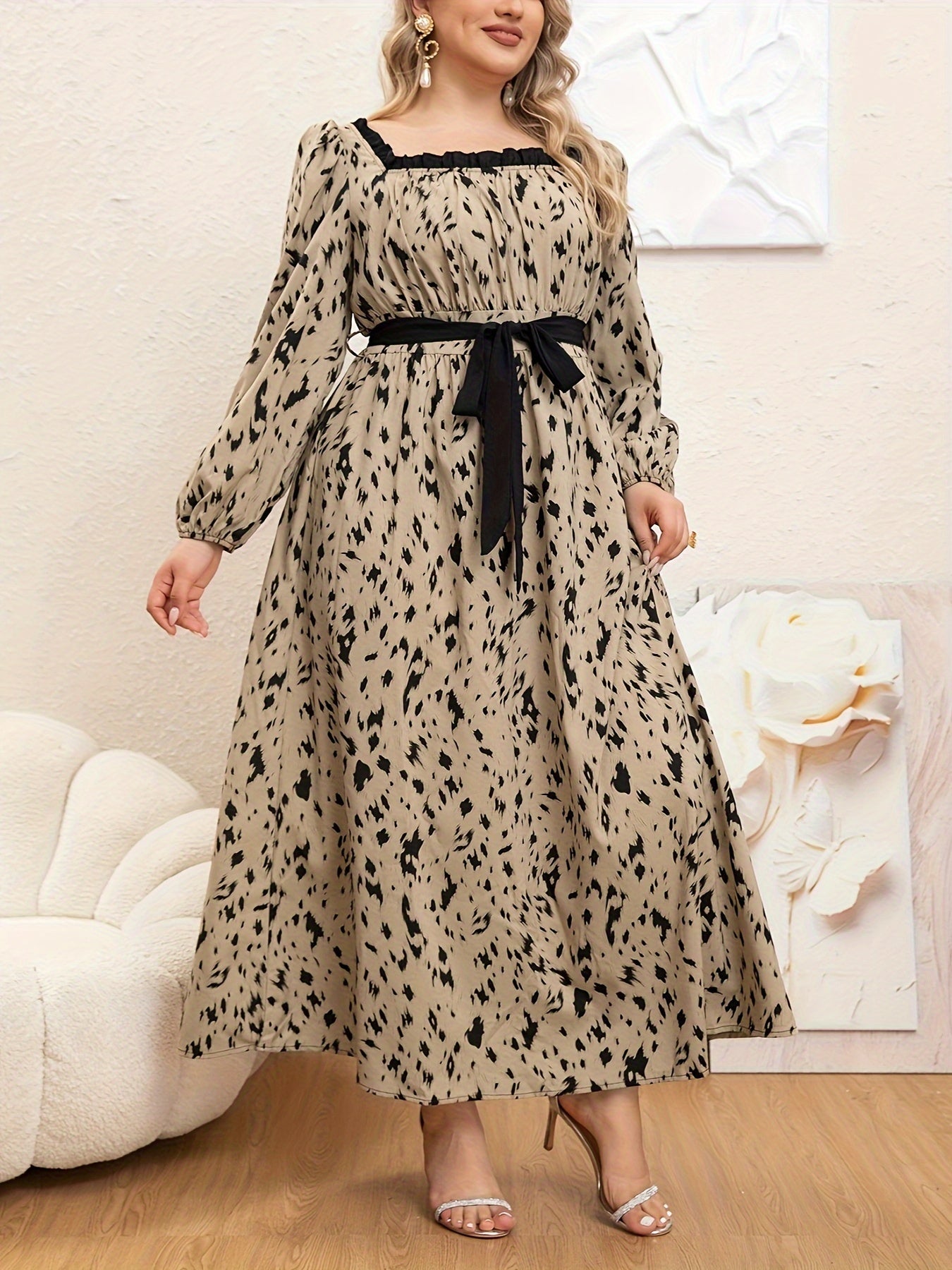 Plus Size Allover Print Dress, Elegant Long Sleeve Square Neck Tie Waist Maxi Dress, Women's Plus Size Clothing