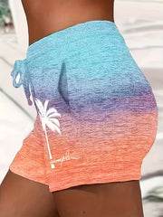 Breezy Tropical Elegance: Versatile Coconut Tree Print Casual Shorts for Women with Elastic Drawstring Waist, Durable & Easy-Care