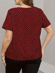 Plus Size Geometric Print Top, Casual Notch Neck Short Sleeve Top, Women's Plus Size Clothing