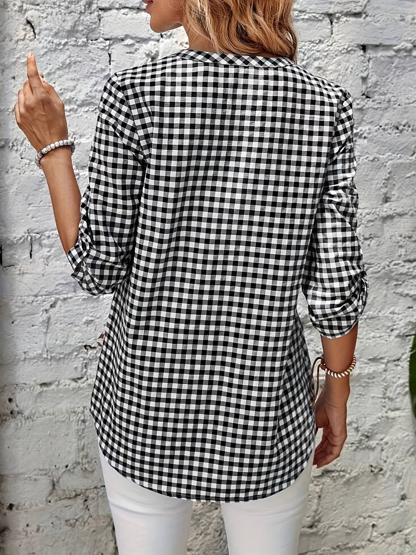 Plaid Print Button Front Shirt, Casual V Neck Shirt For Spring, Women's Clothing