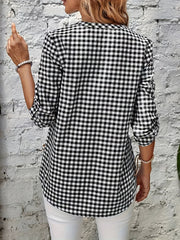 Plaid Print Button Front Shirt, Casual V Neck Shirt For Spring, Women's Clothing