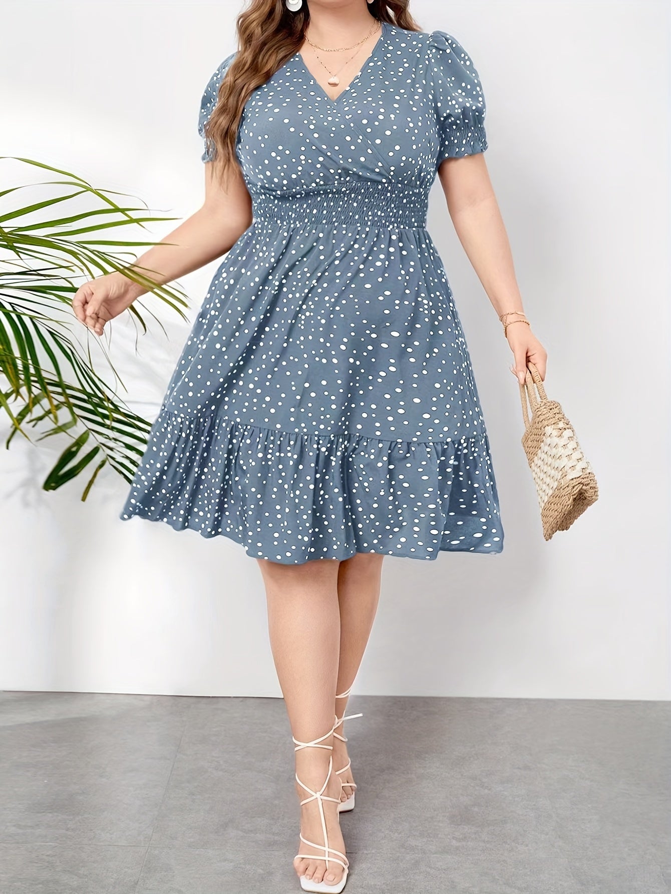 Plus Size Polka Dot Charm - Flattering Shirred Waist Dress with Ruffle Hem - Short Sleeve Surplice Neck for Spring & Summer Elegance - Womens Plus Size Fashion