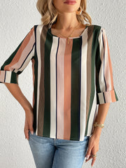 Striped Print 3/4 Sleeve Blouse, Casual Crew Neck Versatile Blouse, Women's Clothing