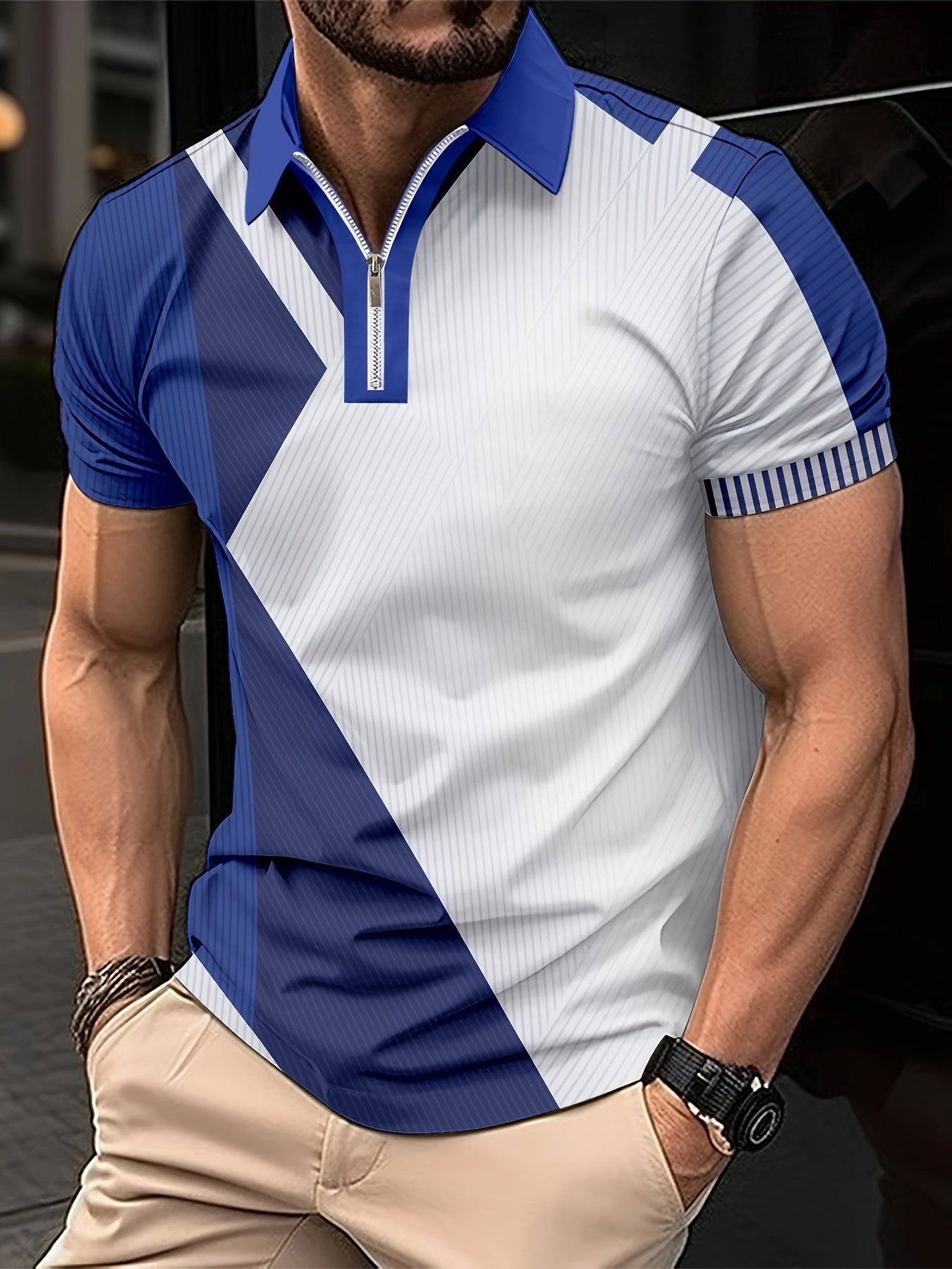 Versatile Summer Casual Men's Golf Shirt - Breathable, Stretch-Fit, Durable, Color Block Design with a Stylish Lapel