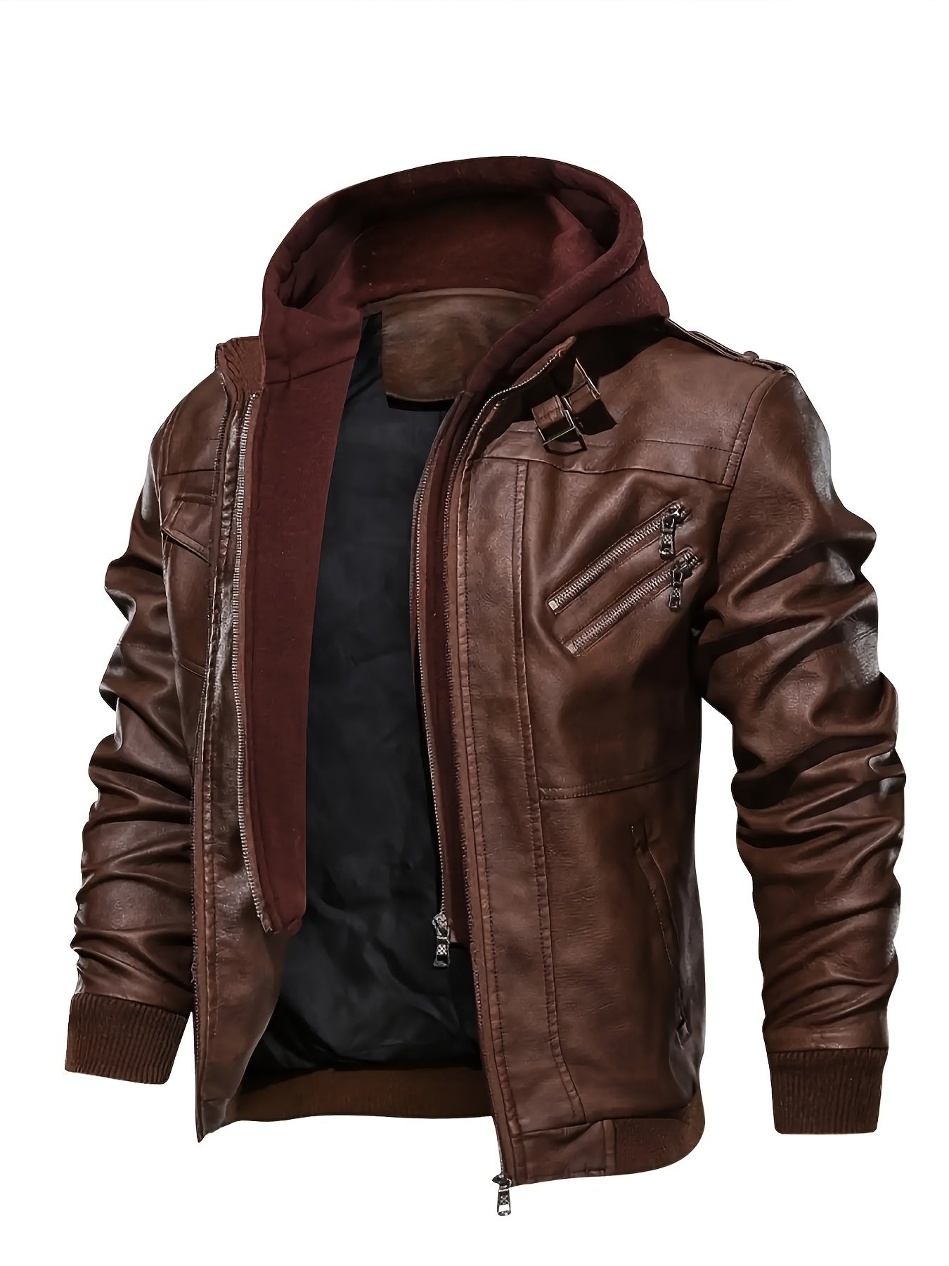 Mens Fashionable Hooded Jacket - Faux Leather, Utility Pockets, Versatile for All Seasons