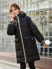 Warm & Stylish Women's Color Block Hooded Coat - Casual Midi Outerwear with Easy Machine Wash Care