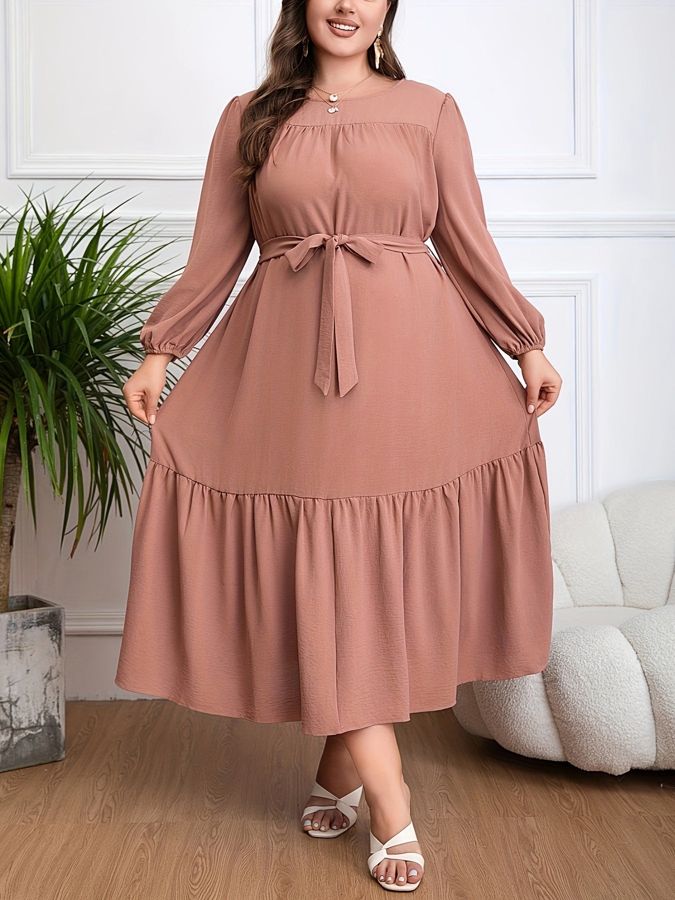 Plus Size Flattering Tie Waist Dress with Ruffle Hem - Long Sleeve Casual Style for Spring & Fall - Perfect Womens Plus Size Clothing Choice for Ramadan