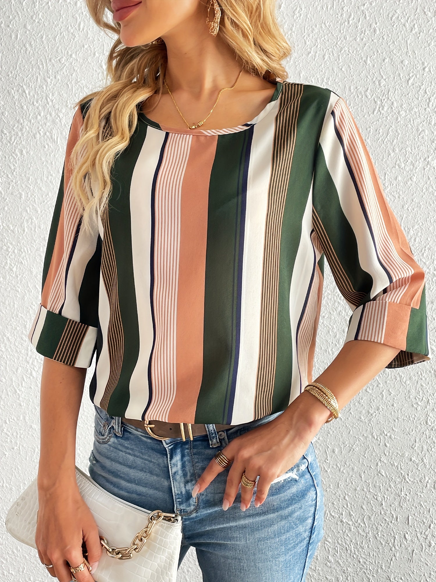 Striped Print 3/4 Sleeve Blouse, Casual Crew Neck Versatile Blouse, Women's Clothing