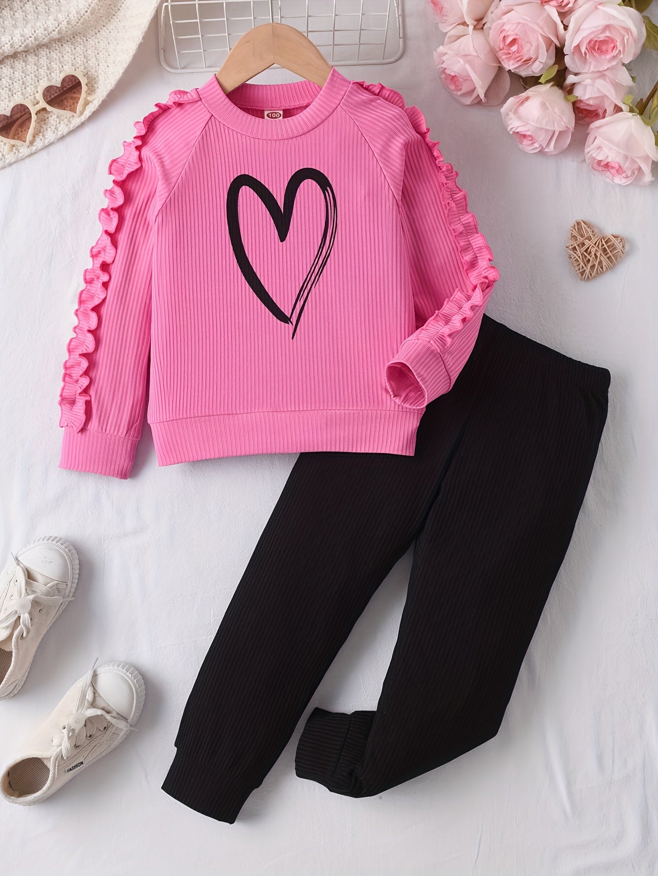 Girls 2Pcs, Chic Frilled Long Sleeve Heart Graphic Pullover Top + Pants Casual Set, Cute Girls Spring Fall Clothes