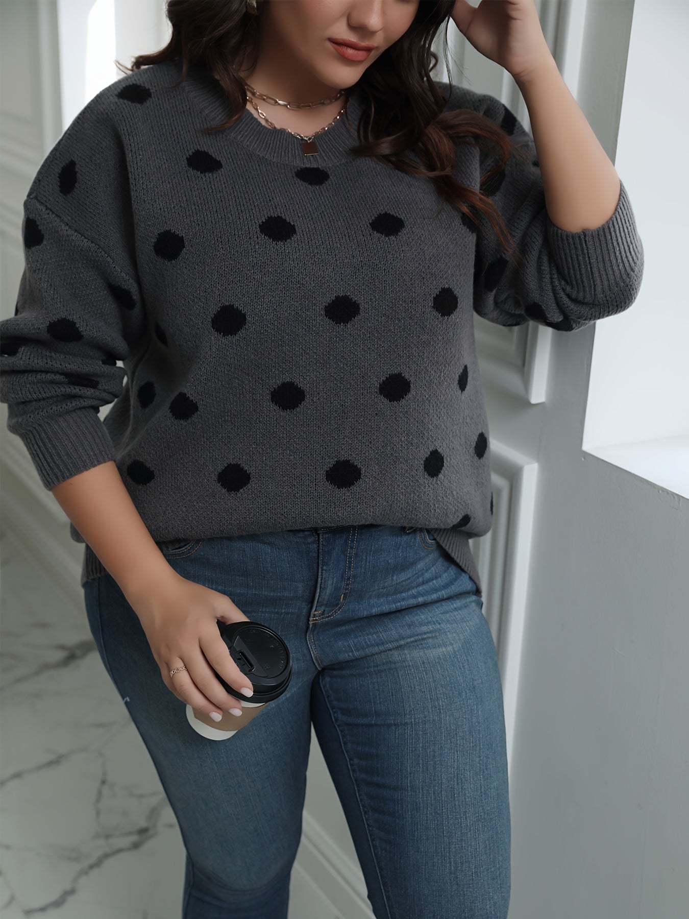 Plus Size Casual Sweater, Women's Plus Dot Print Long Sleeve Round Neck Medium Stretch Jumper