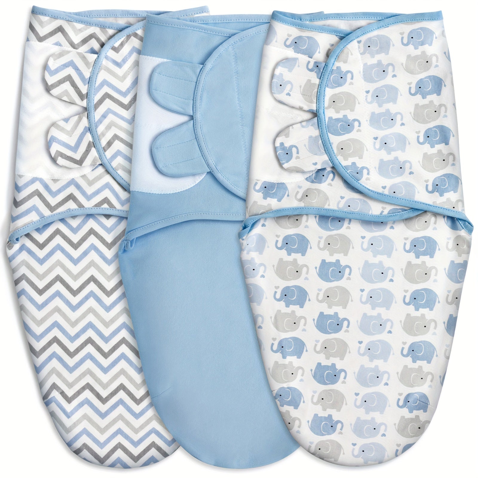 3-Piece Baby Swaddle Sleep Sacks Set - Heavenly Blue with Adorable Elephant & Stripe Designs - Ultra-Soft, Cozy, Secure Swaddling for Newborns