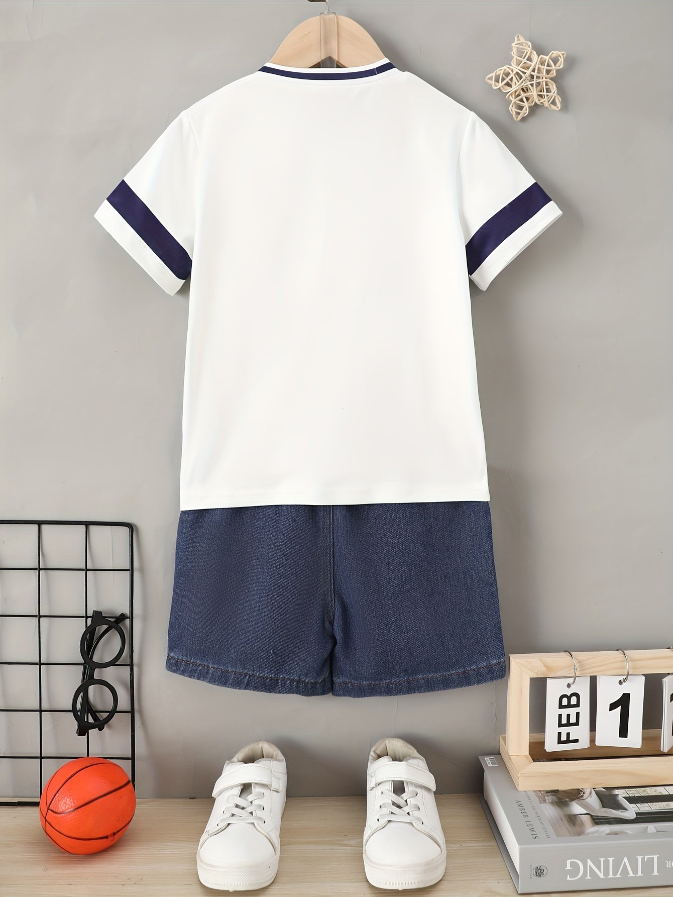 Boy's 2-piece Casual Co Ord Set, Number 89 Print Versatile Short Sleeve V-neck Tee And Ripped Denim Shorts, Comfy Summer Clothes