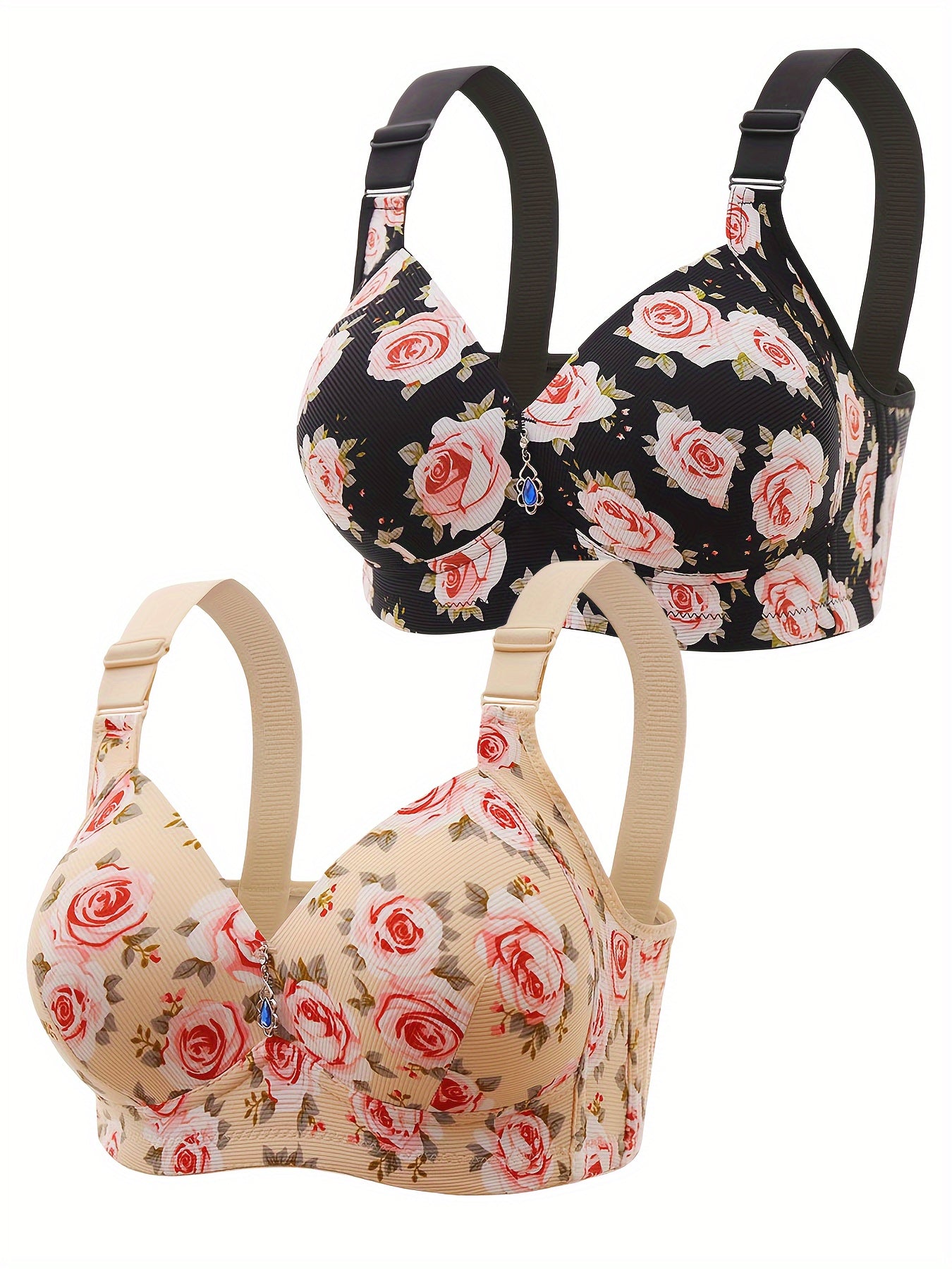 2pcs Plus Size Floral Print Wireless Bra, Elegant & Comfy Anti Sagging Push Up Breathable Bras, Women's Lingerie & Underwear