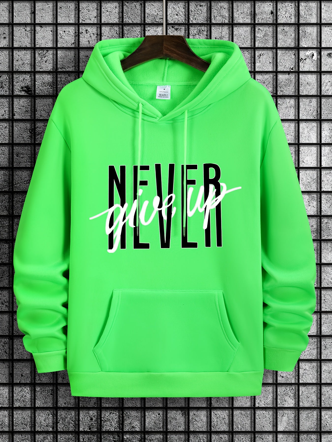 Novel Design Phrase NEVER GIVE UP Print, Men's Fashion Trendy Long Sleeve Hoodie & Sweatshirt With Drawstring & Pocket For Outdoor Daily Wear