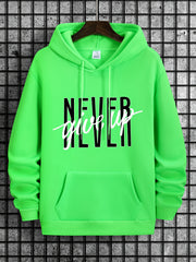 Novel Design Phrase NEVER GIVE UP Print, Men's Fashion Trendy Long Sleeve Hoodie & Sweatshirt With Drawstring & Pocket For Outdoor Daily Wear