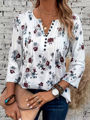 Floral Print Notched V Neck T-shirt, Elegant 3/4 Sleeve Ruched Top For Spring & Fall, Women's Clothing