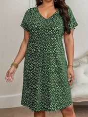 Plus Size All Over Print Dress, Elegant V Neck Short Sleeve Dress, Women's Plus Size Clothing