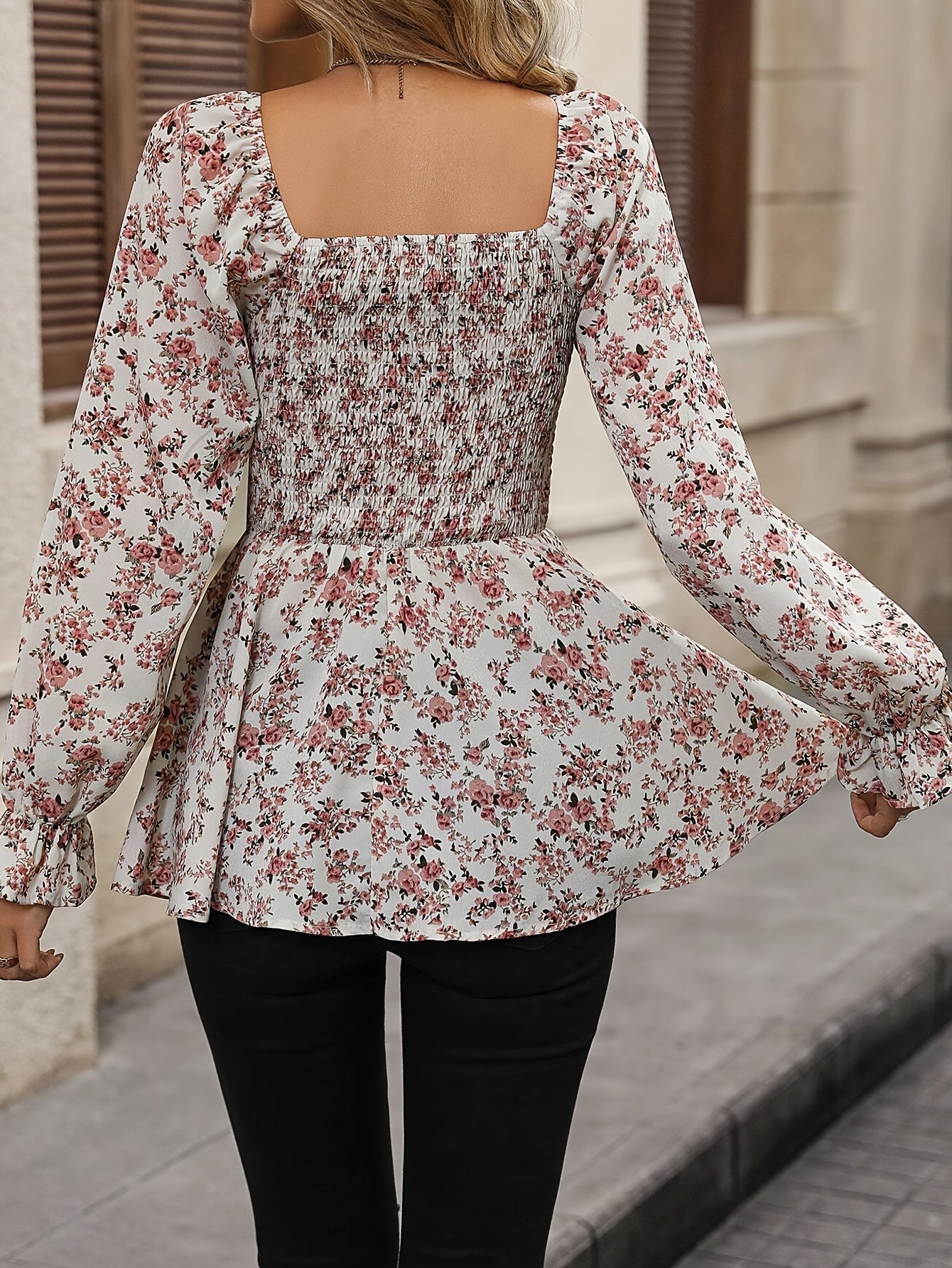 Floral Print Square Neck Aline Blouse, Vintage Long Sleeve Smocked Blouse For Spring & Fall, Women's Clothing