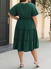 Plus Size Solid Tiered Lettuce Trim Dress, Elegant Pocket Ruched Short Sleeve Crew Neck Dress For Spring & Summer, Women's Plus Size Clothing