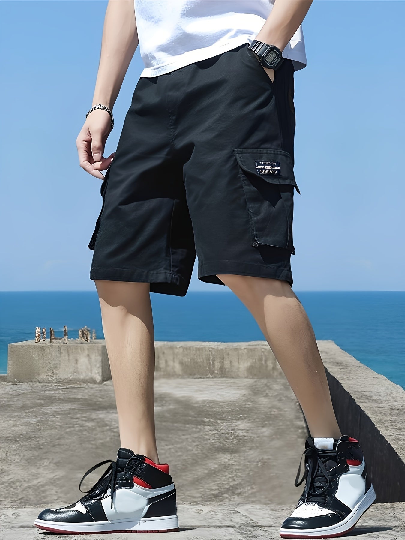 Men's Label Patchwork Solid Cargo Shorts With Flap Pockets, Versatile And Trendy For Summer Outdoors And Sports Wear