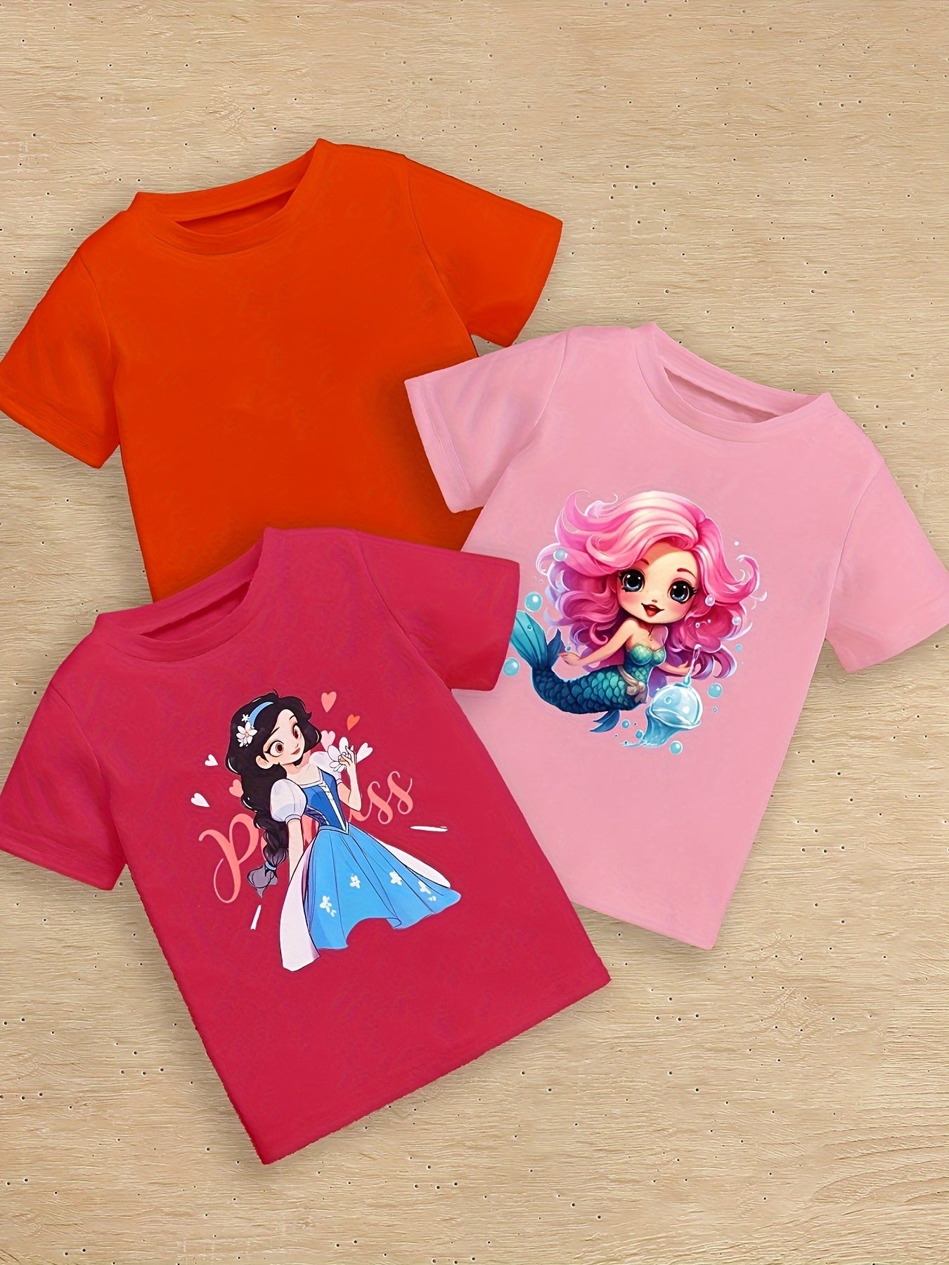 Cool Cartoon Girls & RICH GIRL Graphic Print, Girls' 5PCS/Set Short Sleeve Crew Neck Tees For Summer, Girls' Clothes