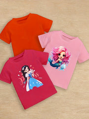 Cool Cartoon Girls & RICH GIRL Graphic Print, Girls' 5PCS/Set Short Sleeve Crew Neck Tees For Summer, Girls' Clothes