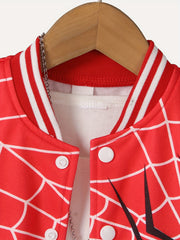 Boys Cool Spider Web Print Long Sleeve Color Block Drop Shoulder Varsity Baseball Jacket Coat